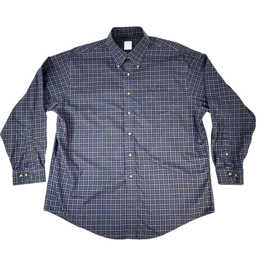 Brooks Brothers Button Down Shirt Men 16r XL Blue Check 100% Cotton Made in USA